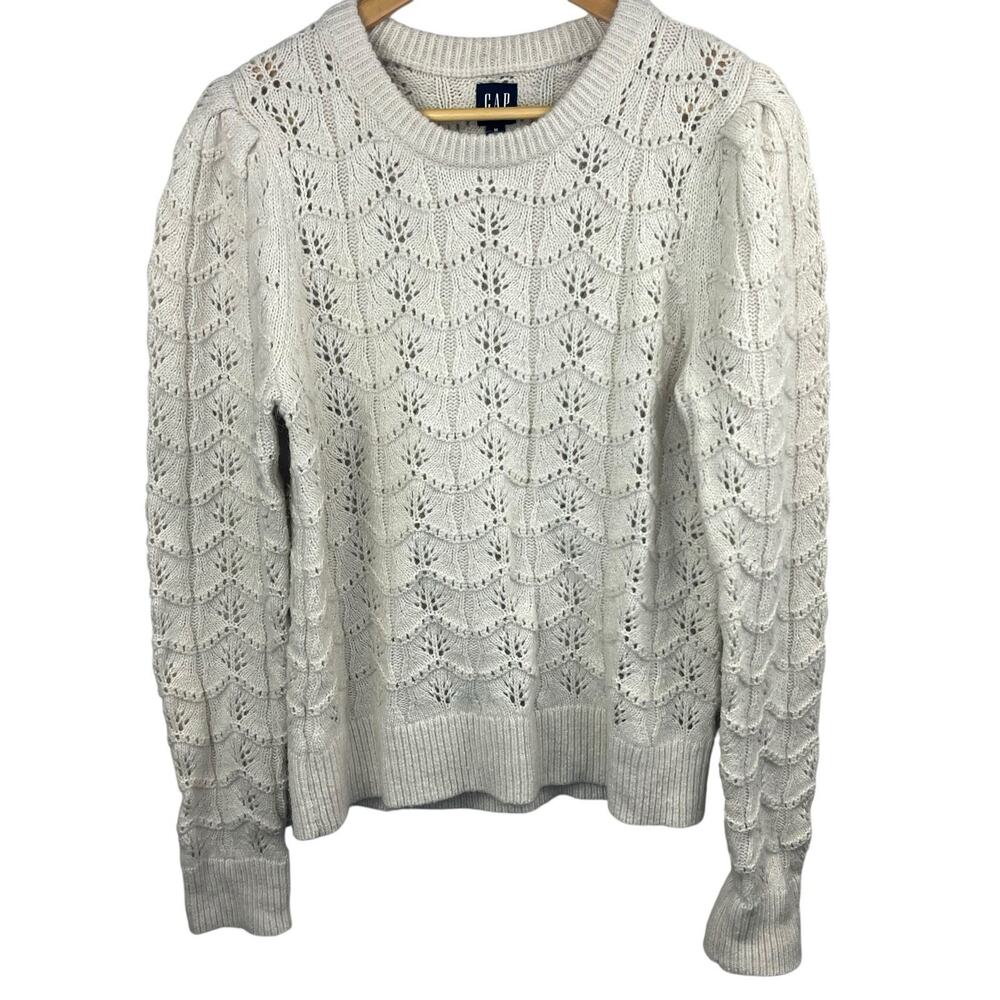 Gap Cream Ivory Pointelle Knit Sweater Sz M Tall Wool Blend Puff Sleeve